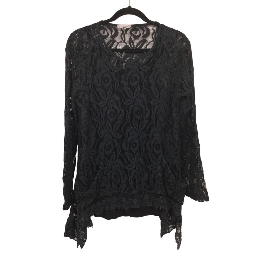 Tempo Paris Dark Romantic Lace Mesh Gothic Asymmetric Hem Romantic Black Top M